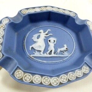 VTG dated 1937 Blue and white cameo Jasperware Ashtray Children Playful Dog